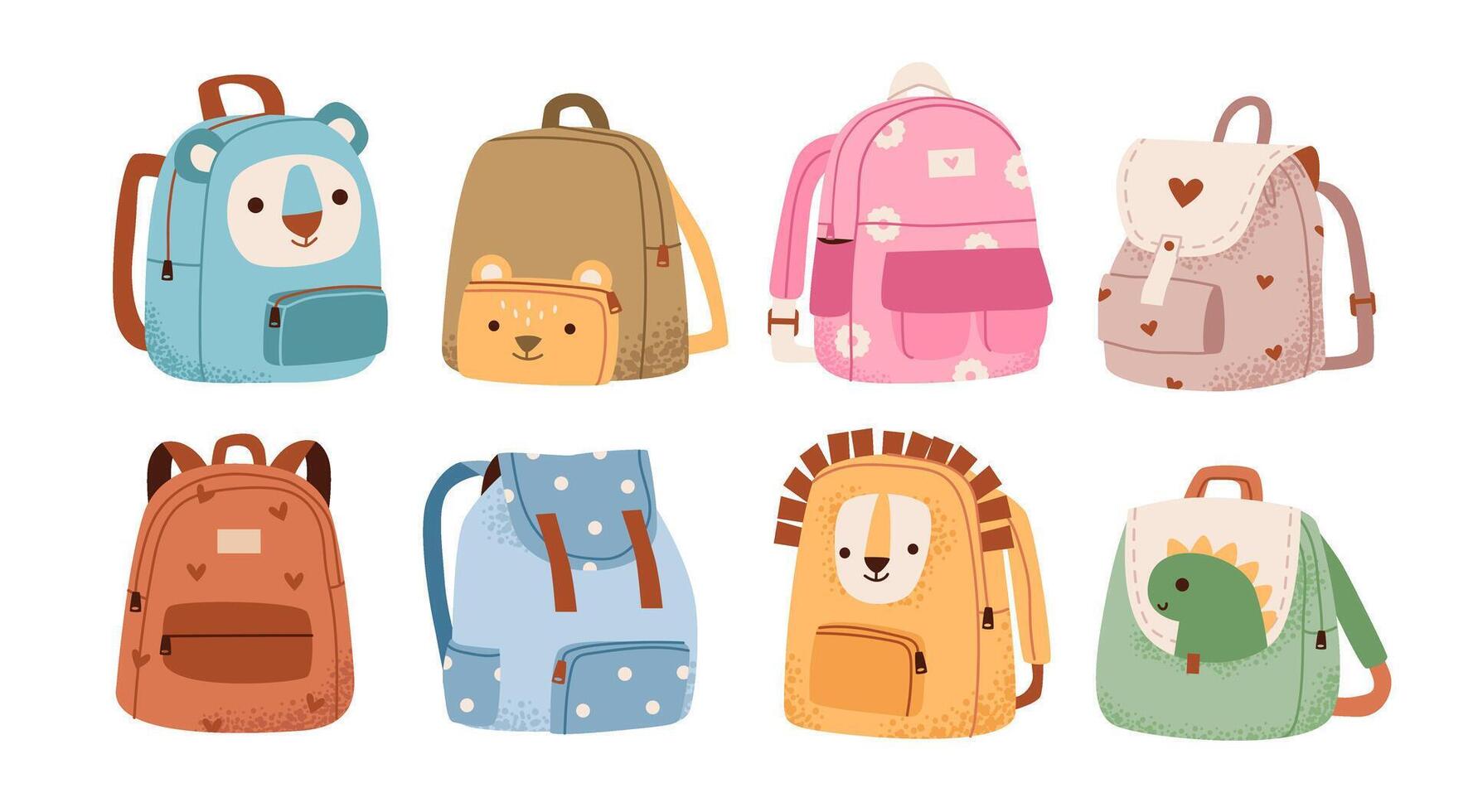 School backpacks set isolated on white background. Cute schoolbags for kids. vector