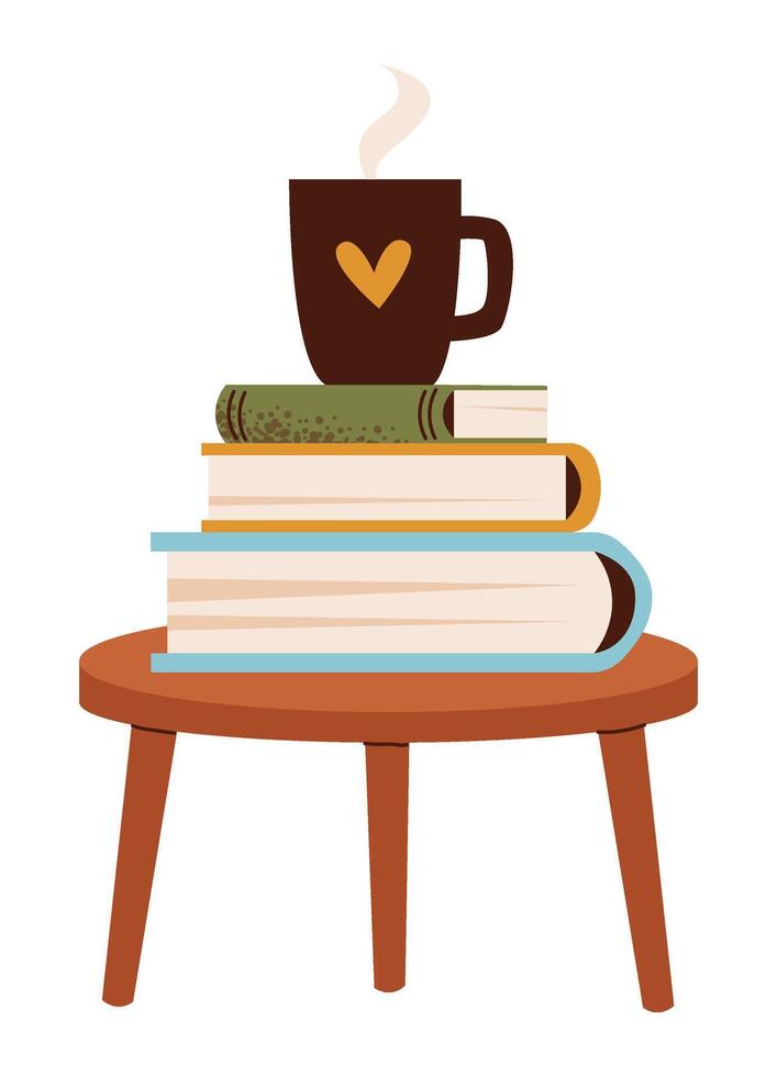 A stack of books on a coffee table with a cup of hot drink. vector