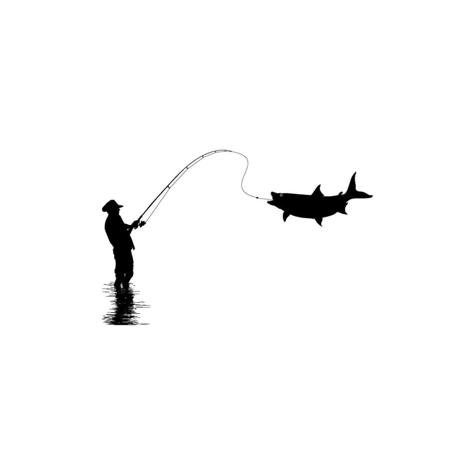 Silhouette of the Fisherman or Angler Catch Fish, can use for Art Illustration, Logo Gram, Sticker, or Graphic Design Element vector
