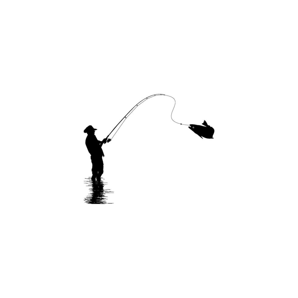 Silhouette of the Fisherman or Angler Catch Fish, can use for Art Illustration, Logo Gram, Sticker, or Graphic Design Element vector
