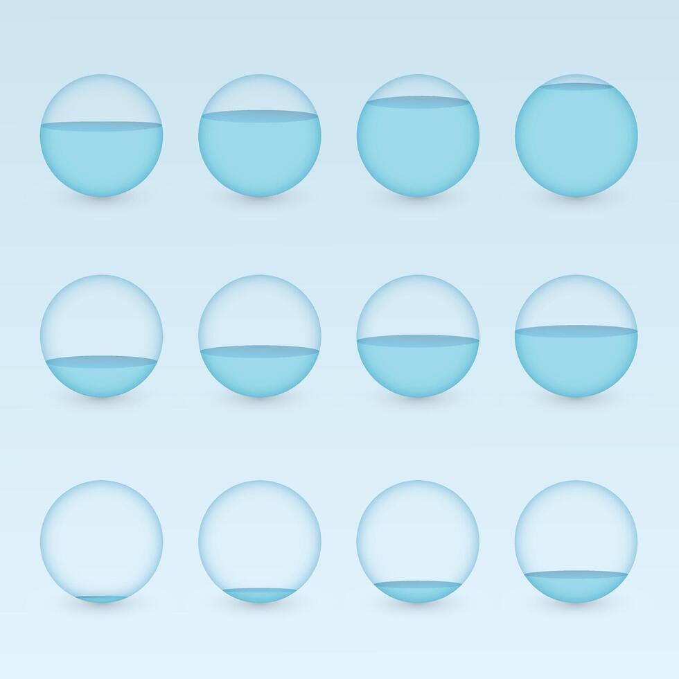 A set of blue circular aquariums with different levels of water to show percentage value for info graphic presentation vector