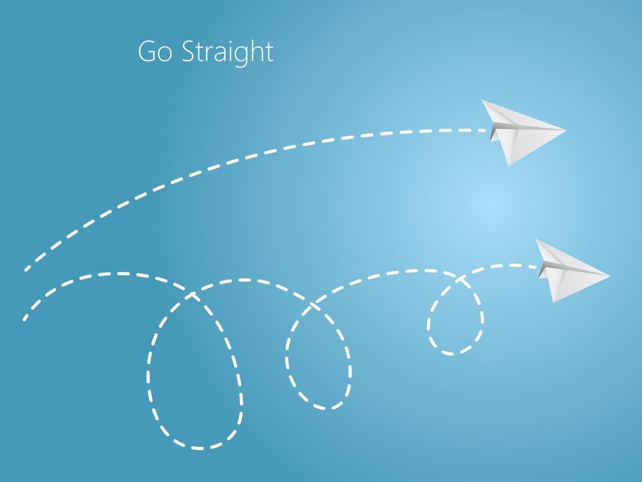 Straight and curvy flight of blue paper plane on blue background to compare simple and complex route in the sky to mean go straight path vector