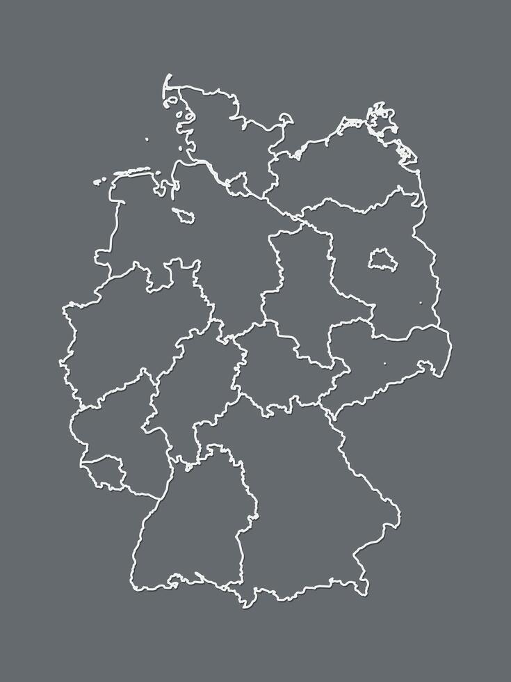 A black and white Germany map with border lines of different states and shading on dark background illustration vector