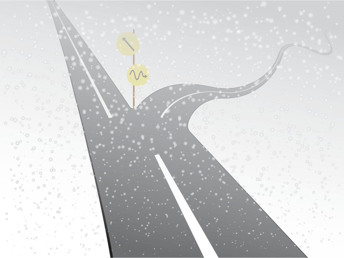 A two way road with straight path and curvy path with directions in snowy winter season for comparison illustration vector