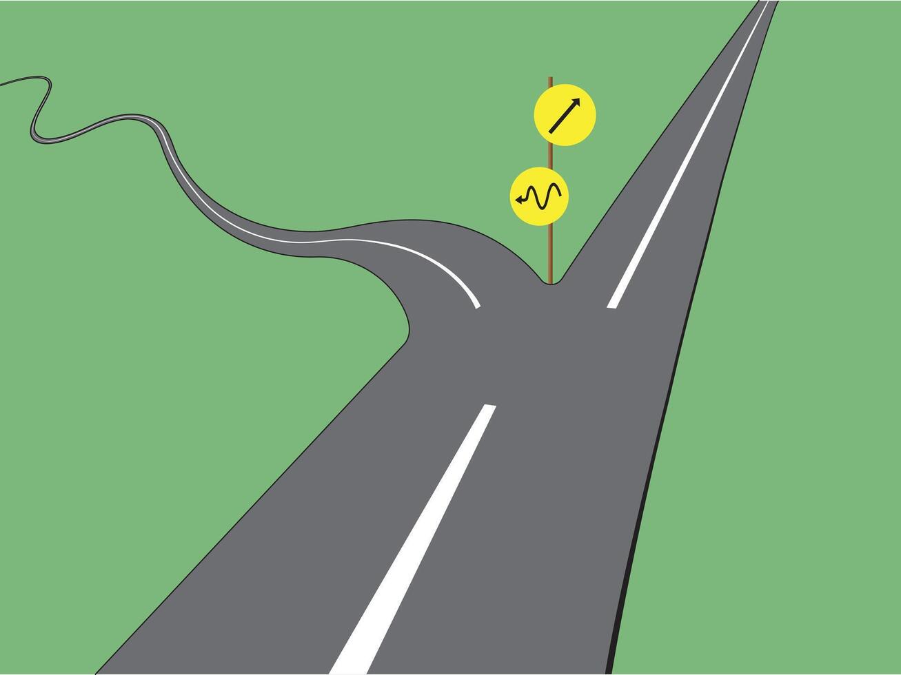 A two way asphalt road with straight path and curvy path with directions for comparison illustration vector