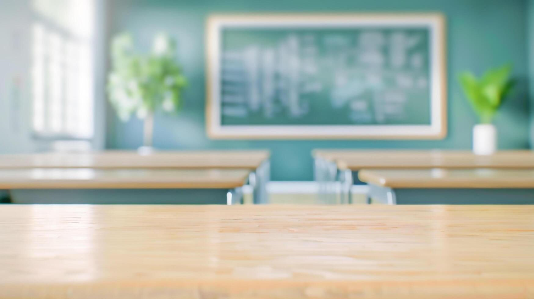Close-up of wooden base with classroom and chalkboard in the background photo