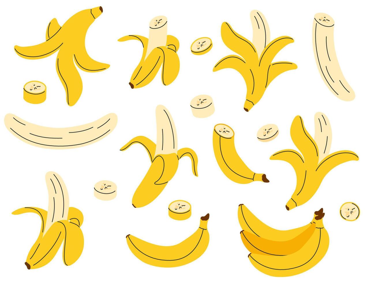 Hand drawn banana set. Simple drawing of whole, peeled bananas, sliced, chopped, empty peel vector