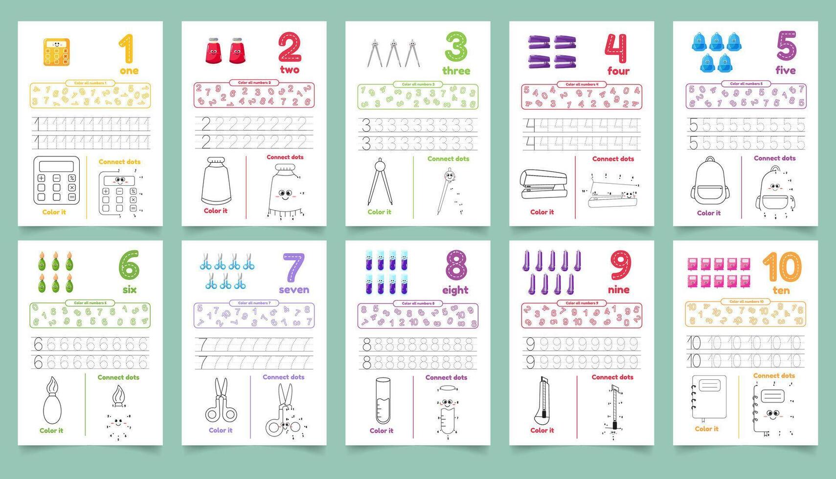 Activity worksheets for kids with many exercises. Learning numbers from 1 to 10. Trace, color, dot to dot on one page vector