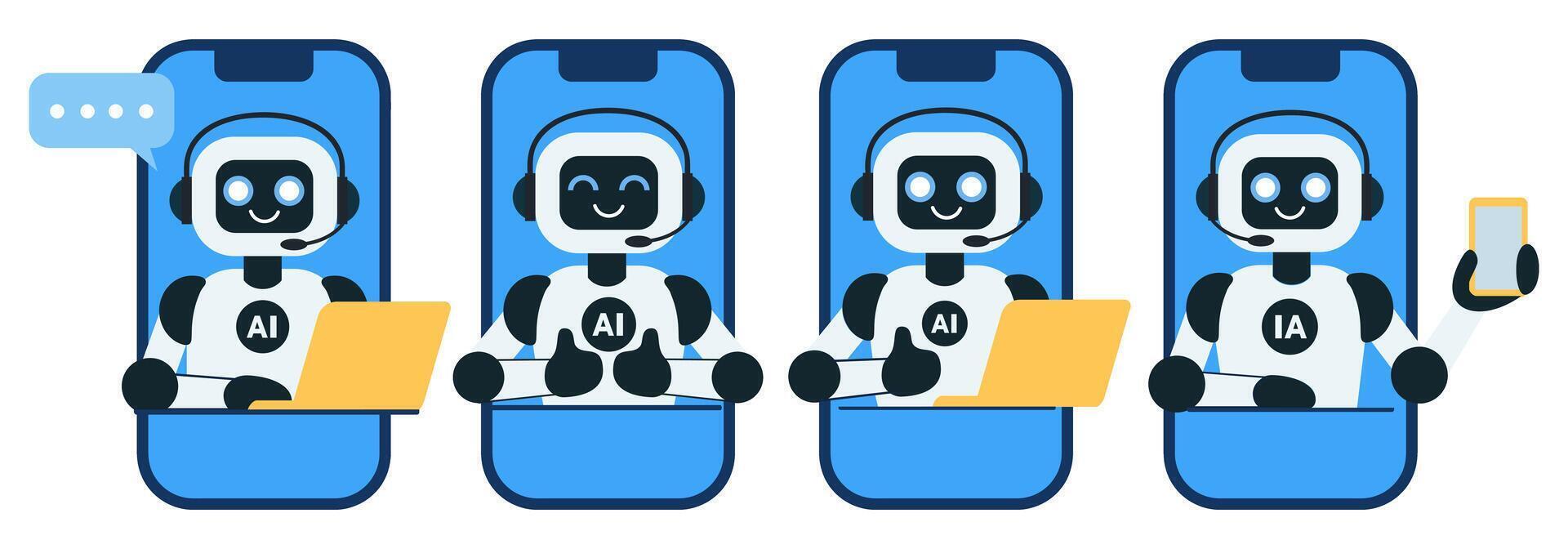 Set of cute chat bot robot with yellow laptop illustrations vector