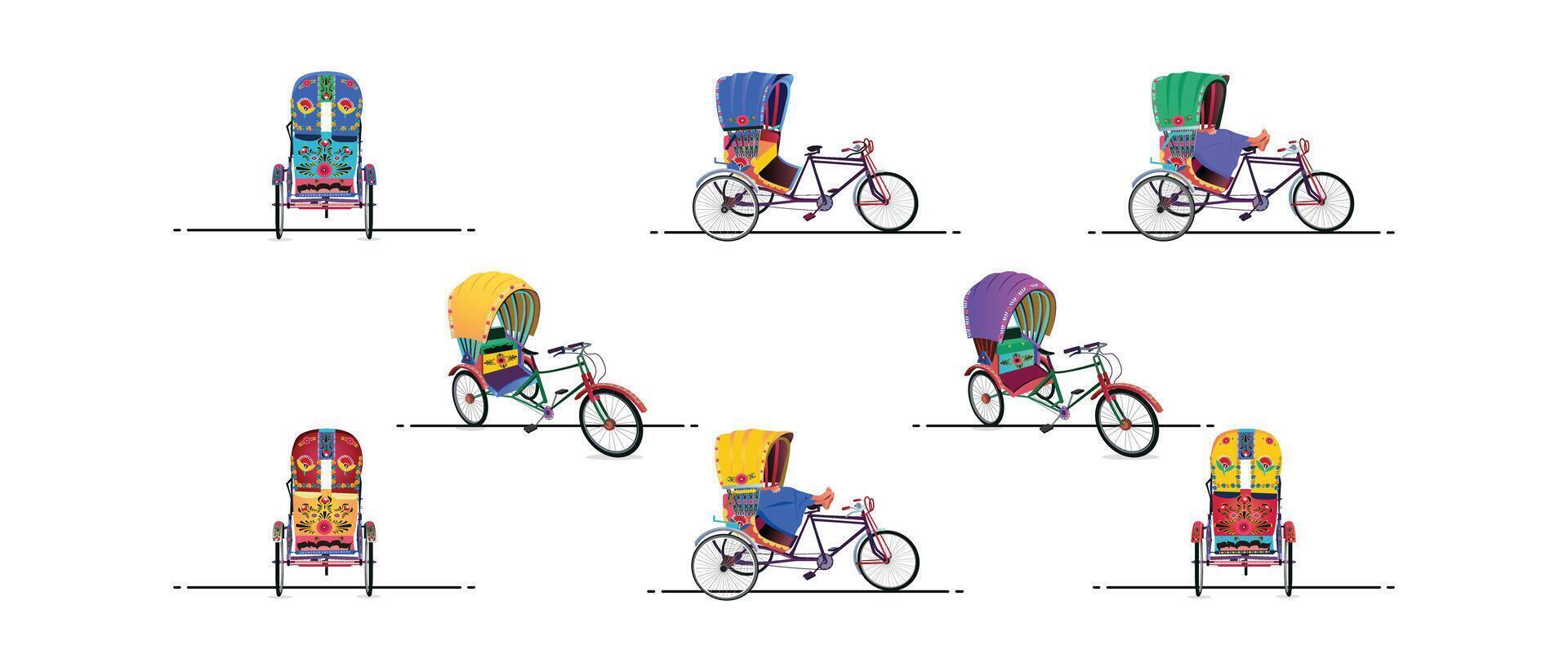 Set of colorful rickshaws, Bangladeshi Rickshaw art Tri cycle of Dhaka city vector
