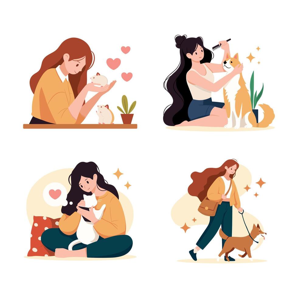 Young girl with pets. The girl holds a hamster in her hands, hugs a cat, combs a dog, and walks a pet. Collection of cartoon illustrations isolated on white. vector