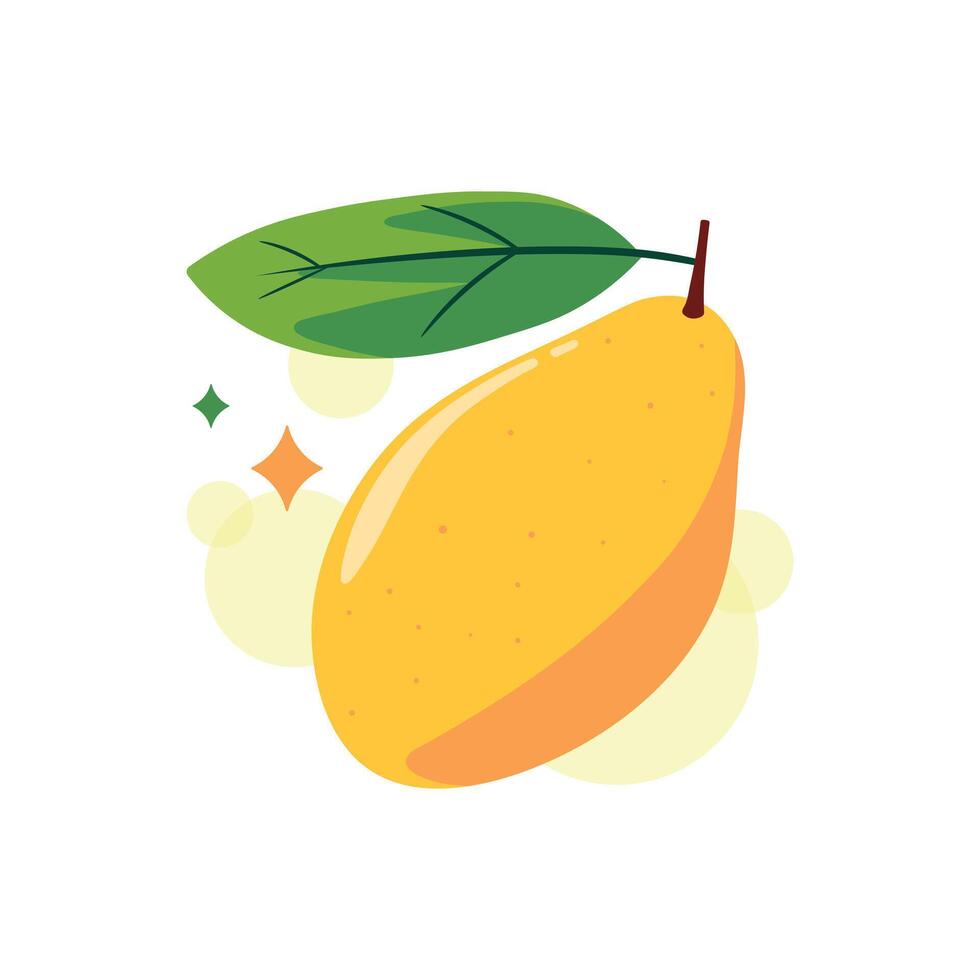 Yellow ripe mango with leaf. National fruit of India. Tasty and healthy food. Cartoon illustration isolated on white background. vector