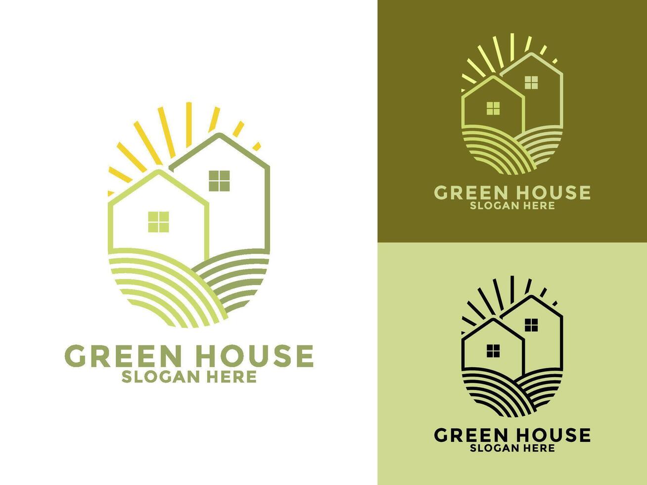 Green House Line Style Logo Design , Tree House business logo template vector