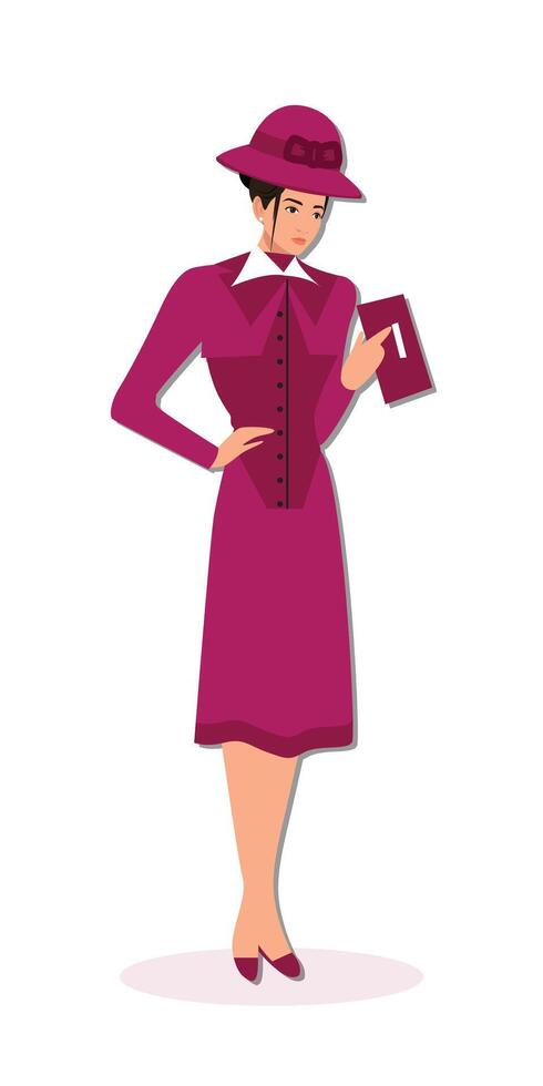 a cartoon of a woman in a purple dress with a red book in her hand vector