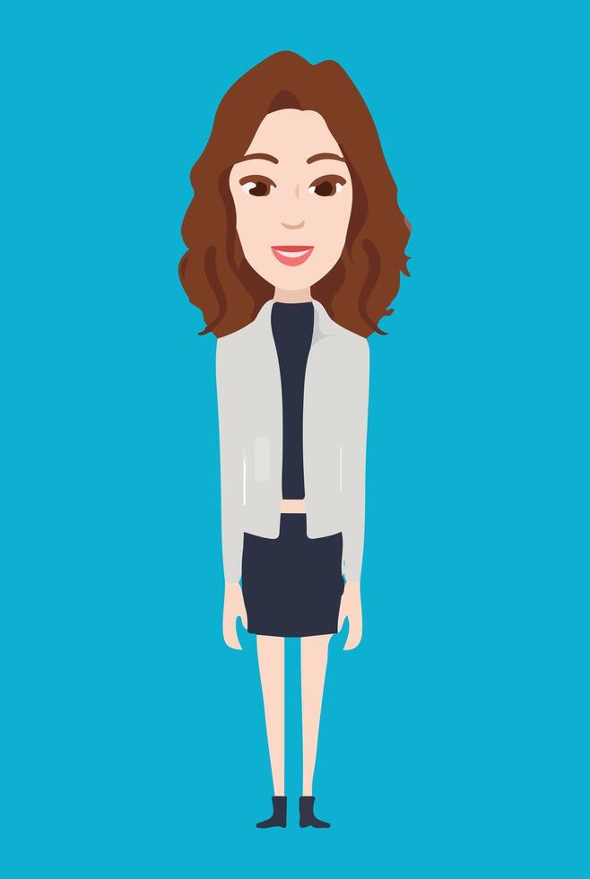 a woman in a white jacket stands in front of a blue background vector