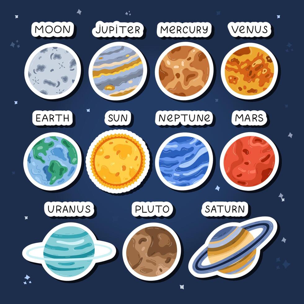 Cute sticker set with childish stars, planets of Solar System for kids education, decorating of diary, infographic. Ready for print list of hand drawn stickers with astronomy celestial bodies. vector