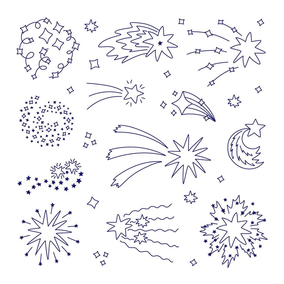 Big cute set of star dust, spiral twinkle cloud, falling star clipart with hand drawn doodle outline. Sparkling magical stardust, comet shower. Astrology, astronomy, universe, Christmas element. vector