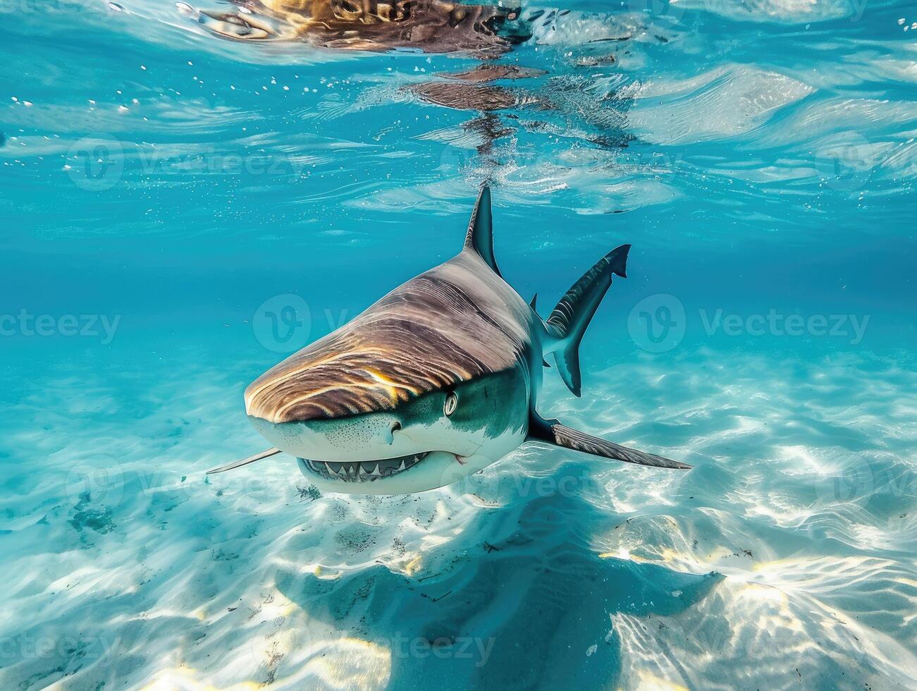 A Lemon Shark Swimming in Shallow, Clear Water photo