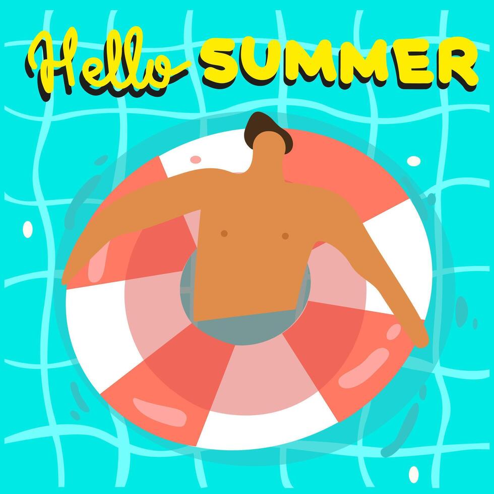 Hello summer illustration. Pool party. Flat character in swimming trunks in an inflatable circle as a flamingo in the pool. Yellow hand drawn inscription vector
