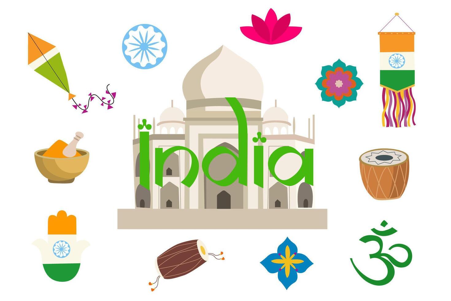 India Independence Day. Travel to India, India's traditional symbols, icons attractions. Taj Mahal, flag of India, lotus, traditional Indian spices, musical instrument. Set of icons vector