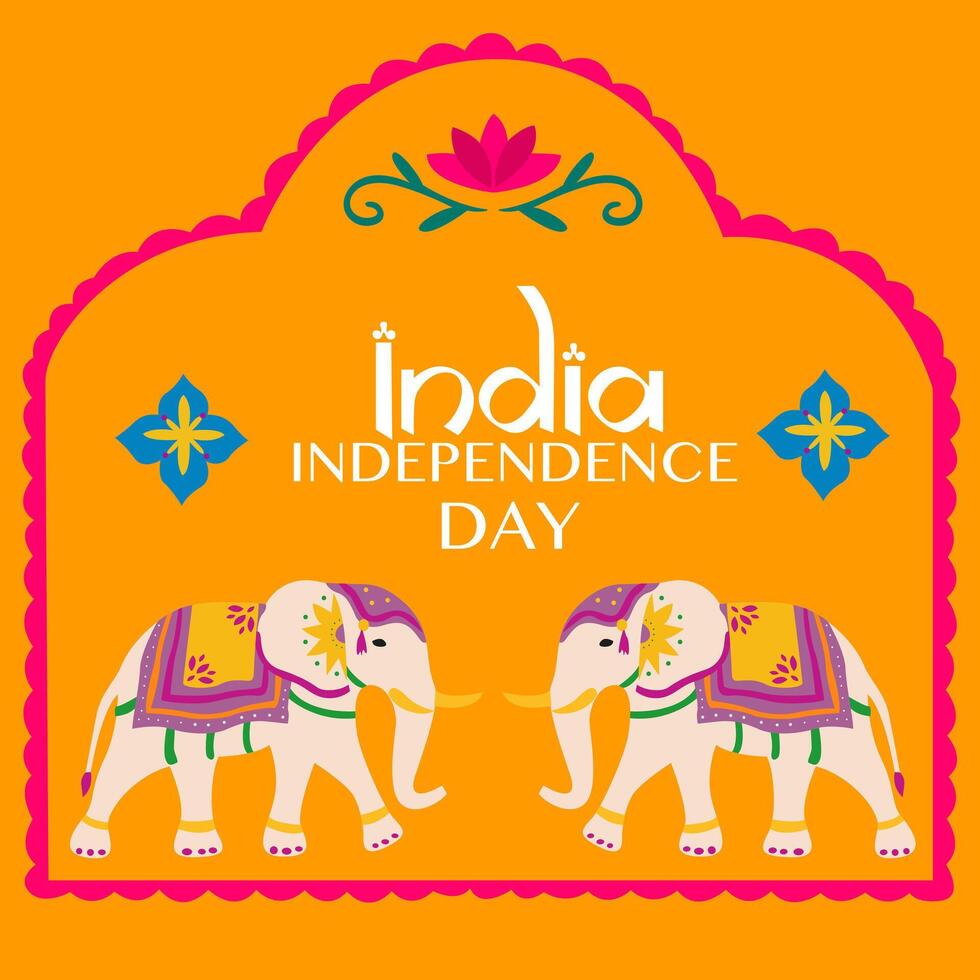 India Independence Day poster on a orange background. Festive Indian elephants in festive clothes. Frame with floral ornaments and inscription. Traditional animal of India vector