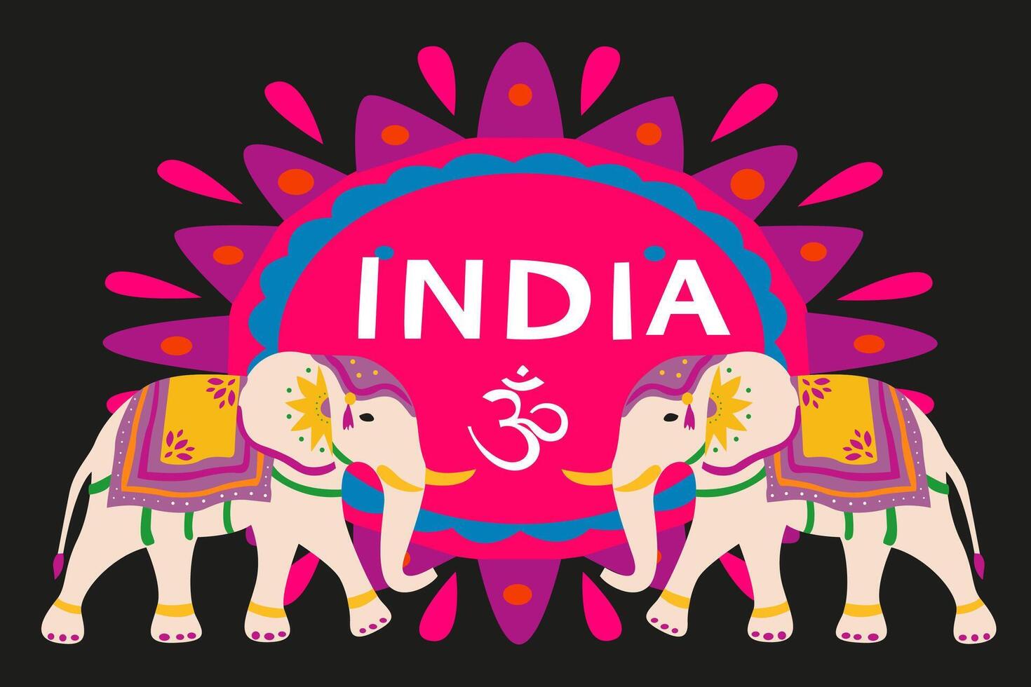 India Independence Day poster on a black background. Festive Indian elephants in festive clothes. Pink floral ornament and inscription. Traditional animal of India vector