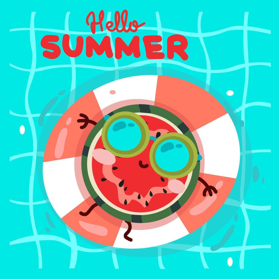 Hello summer illustration. Summer vibe. Flat cartoon watermelon in glasses on inflatable circle in swimming pool. Watermelon day vector