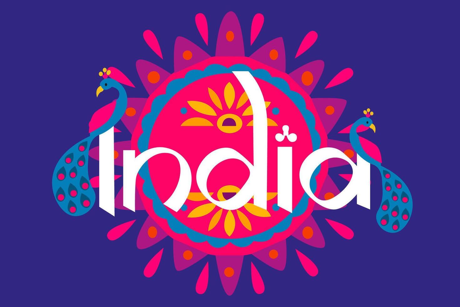 India colorful text banner. Handwriting white India inscription on purple background and floral patterns and flat peacock. Flat India Independence Day vector