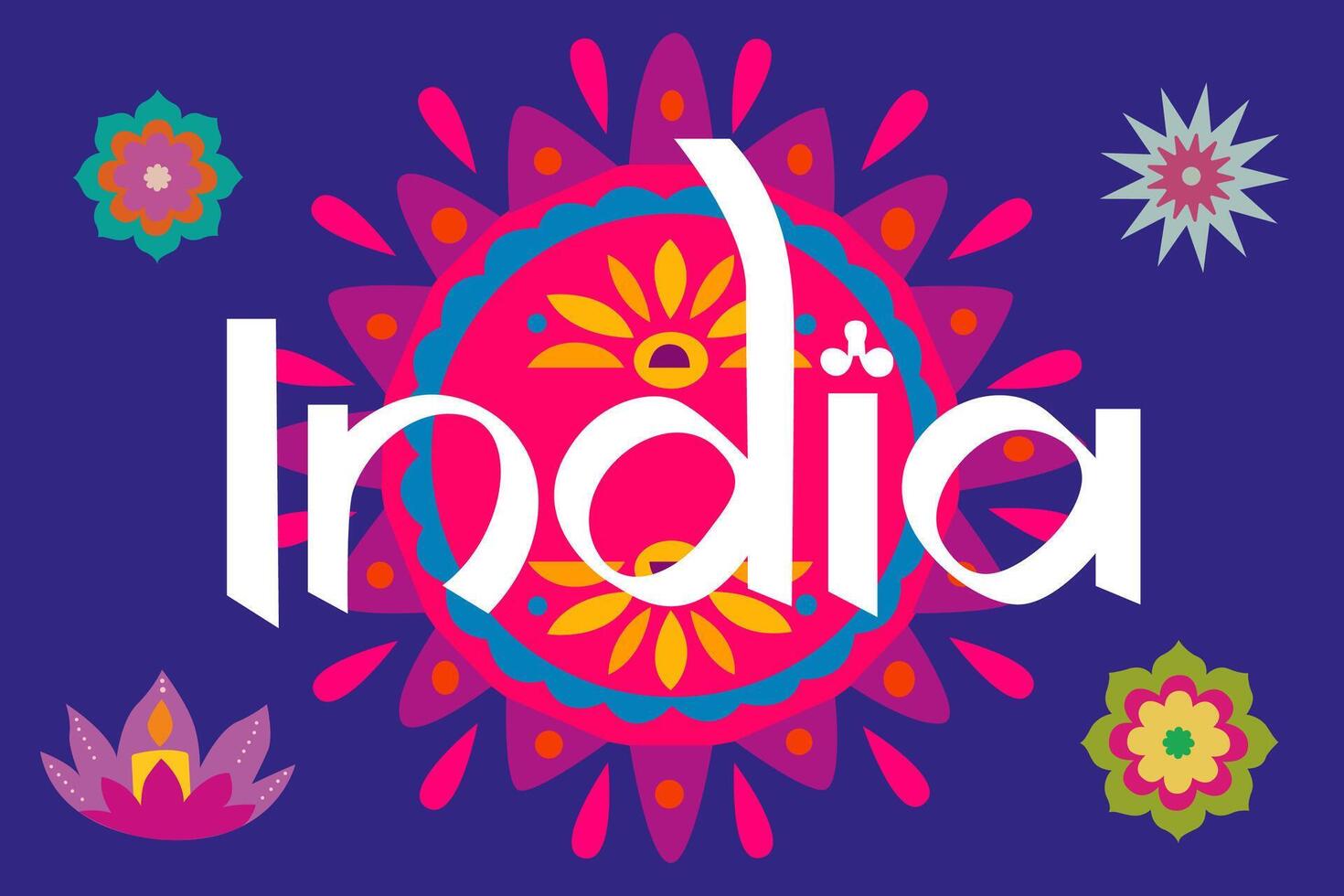 India colorful text banner. Handwriting white India inscription on purple background and floral patterns and flat peacock. Flat India Independence Day vector