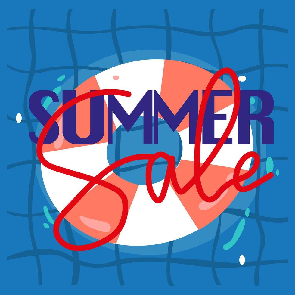 Colorful Summer background. Summer Sale Banner illustration. Season discount poster. Promotion and shopping template for Summer and pool. Inflatable circle, watermelon, pineapple vector