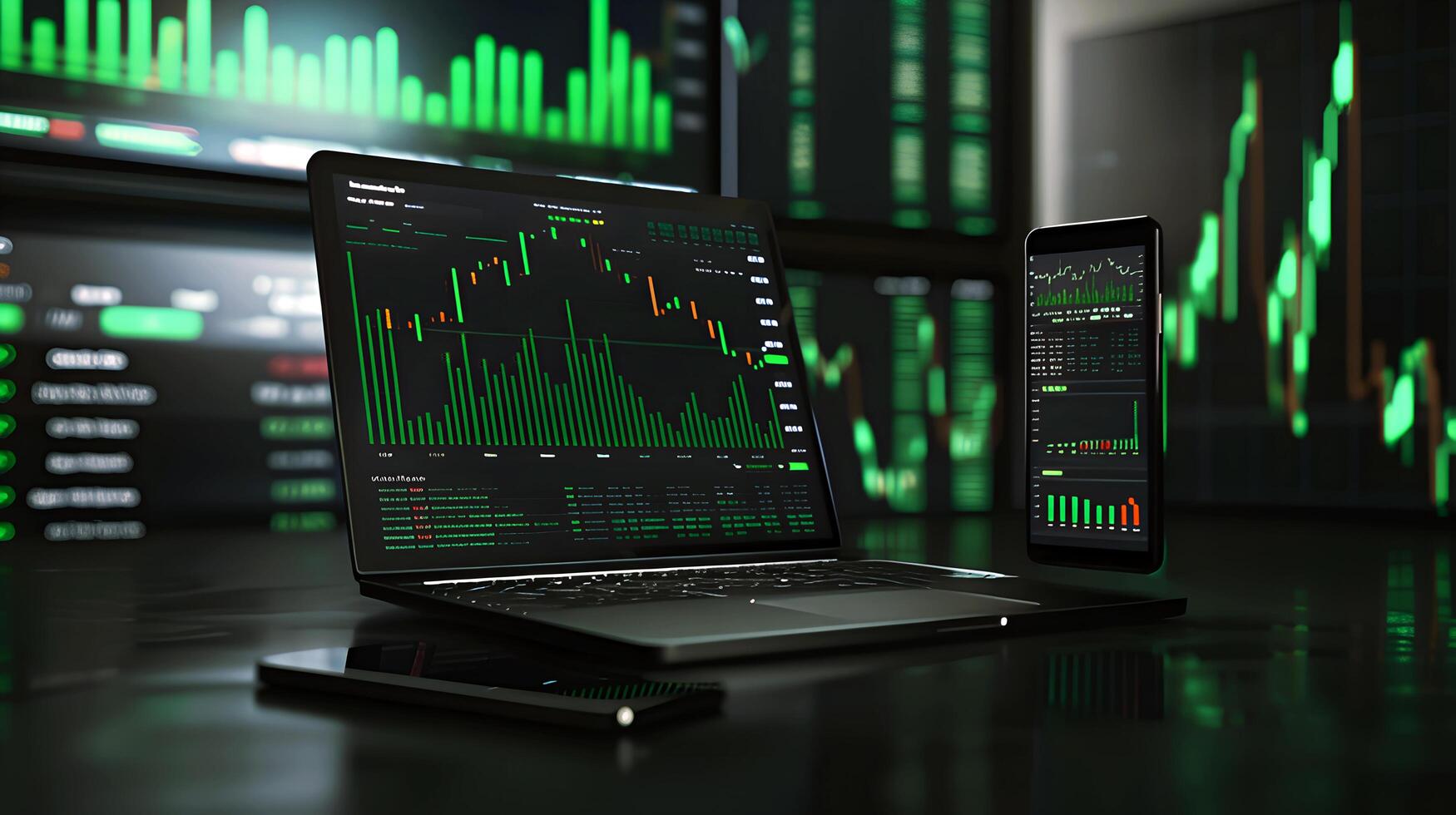 Modern stock exchange statistic chart diagram scene show in laptop and smartphone screen, forex trading market analysis monitor display background photo