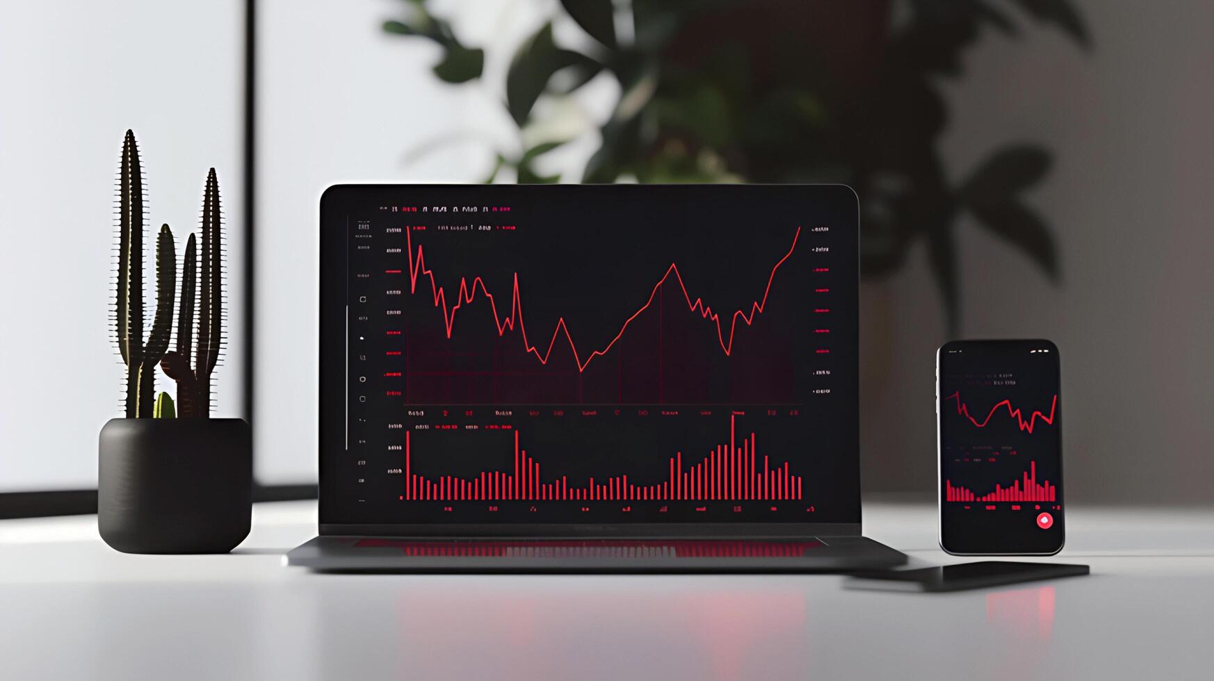 Modern stock exchange statistic chart diagram scene show in laptop and smartphone screen, forex trading market analysis monitor display background photo