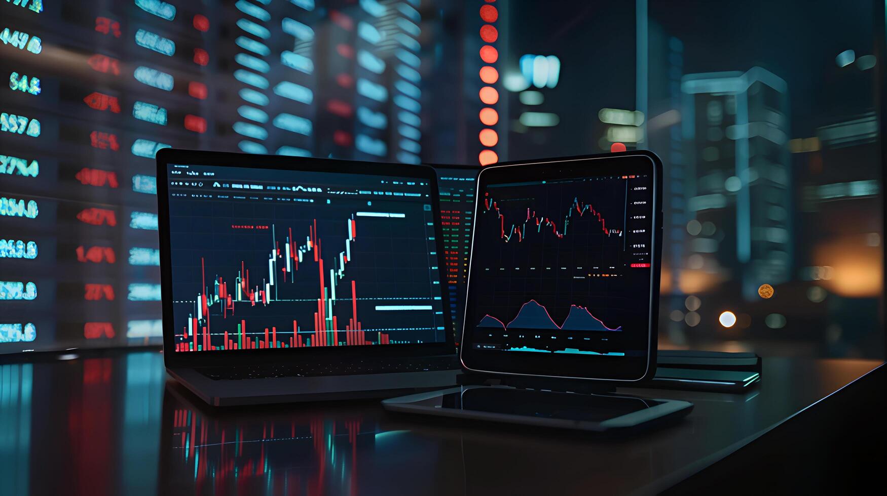 Modern stock exchange statistic chart diagram scene show in laptop and smartphone screen, forex trading market analysis monitor display background photo