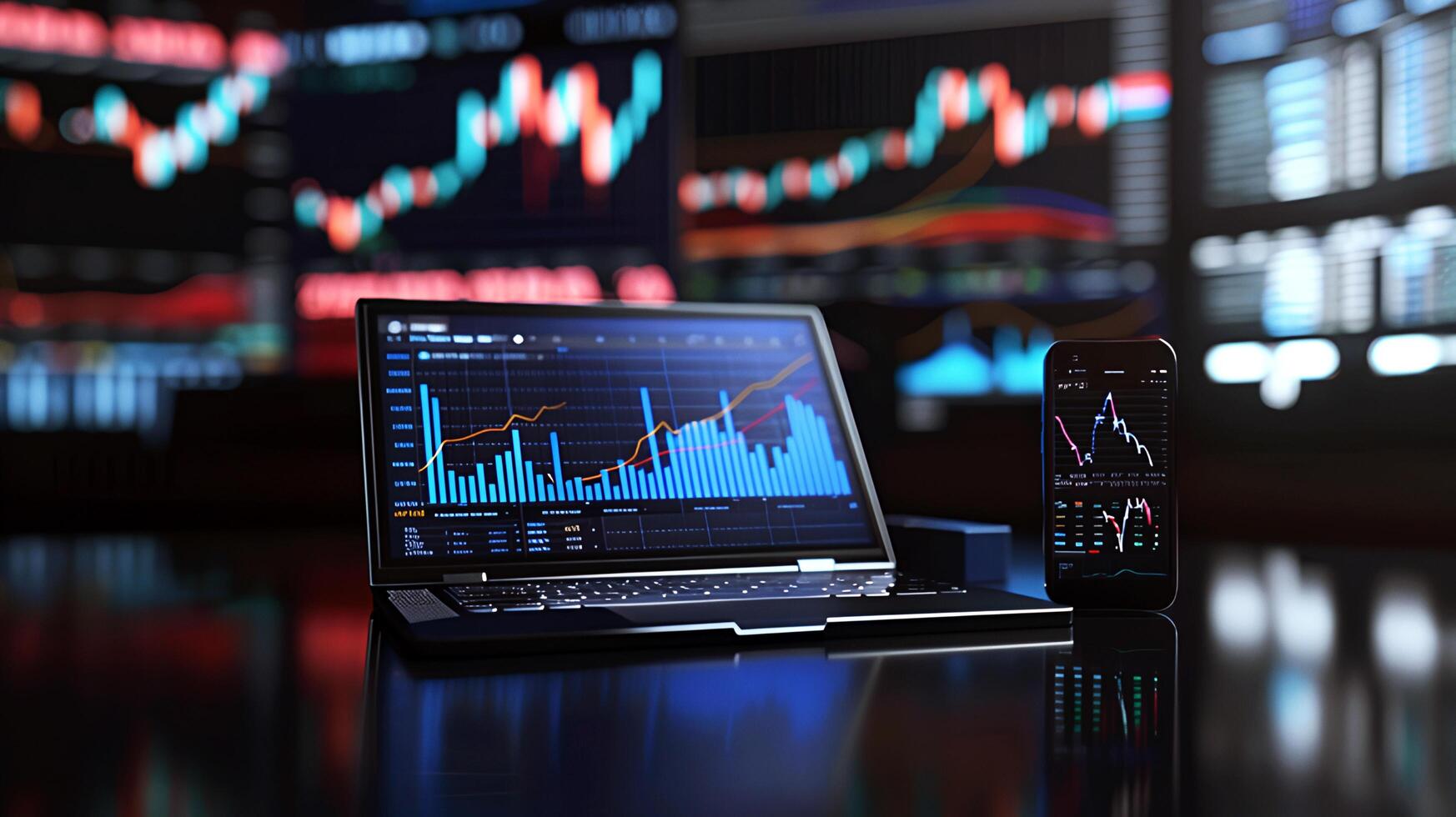 Modern stock exchange statistic chart diagram scene show in laptop and smartphone screen, forex trading market analysis monitor display background photo