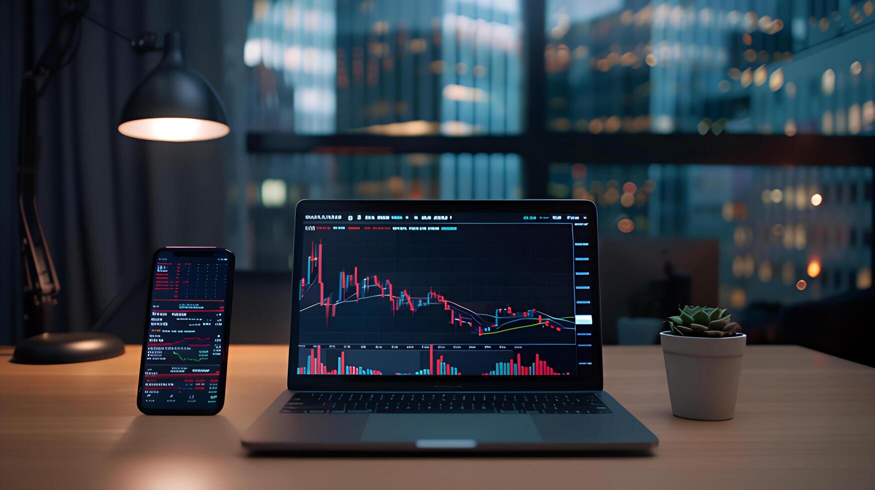 Modern stock exchange statistic chart diagram scene show in laptop and smartphone screen, forex trading market analysis monitor display background photo