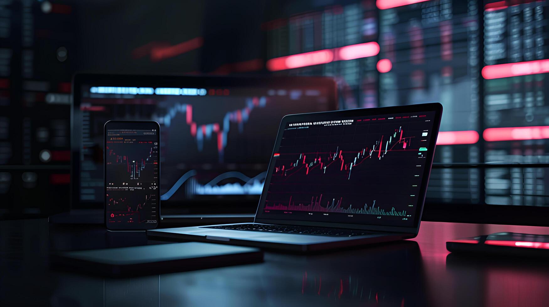 Modern stock exchange statistic chart diagram scene show in laptop and smartphone screen, forex trading market analysis monitor display background photo