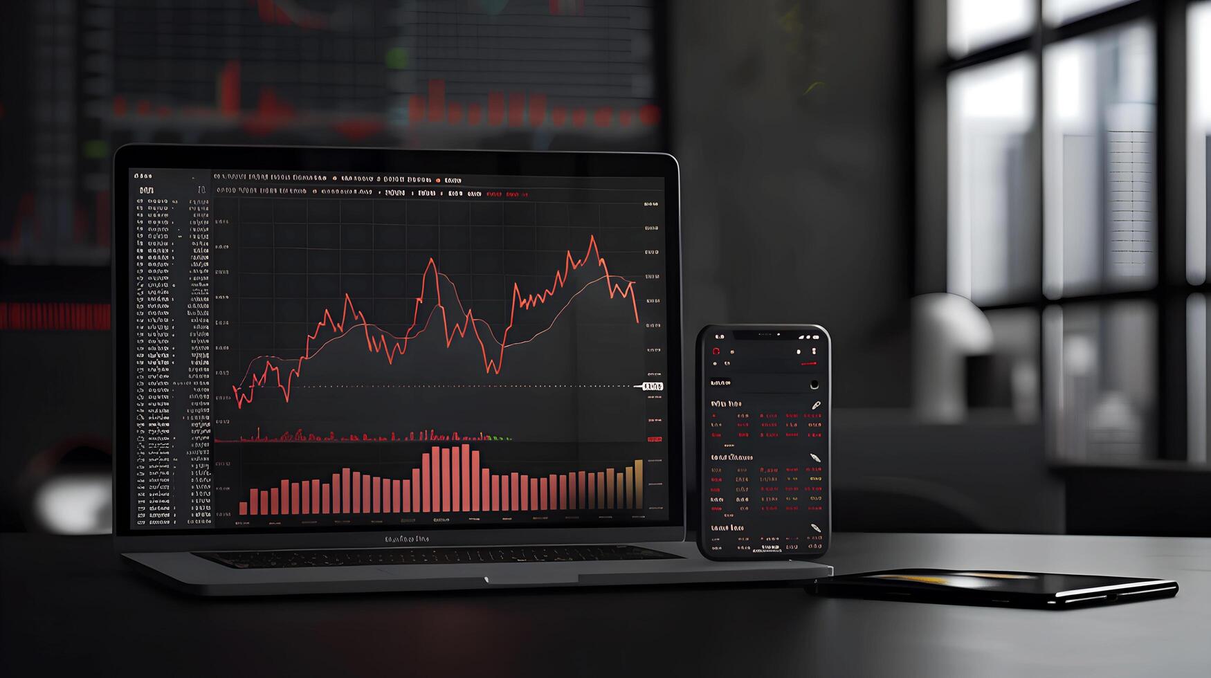 Modern stock exchange statistic chart diagram scene show in laptop and smartphone screen, forex trading market analysis monitor display background photo