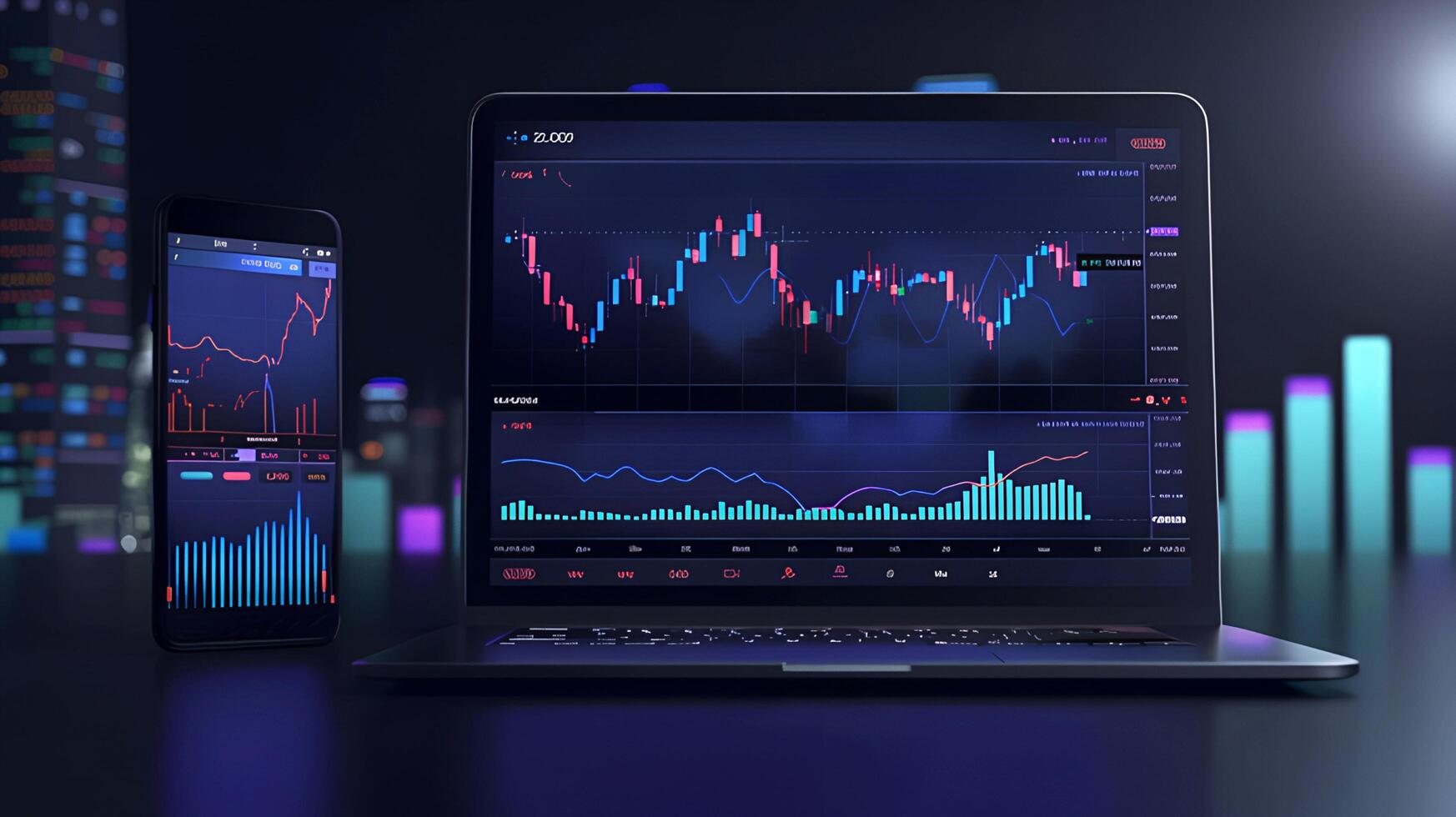 Modern stock exchange statistic chart diagram scene show in laptop and smartphone screen, forex trading market analysis monitor display background photo