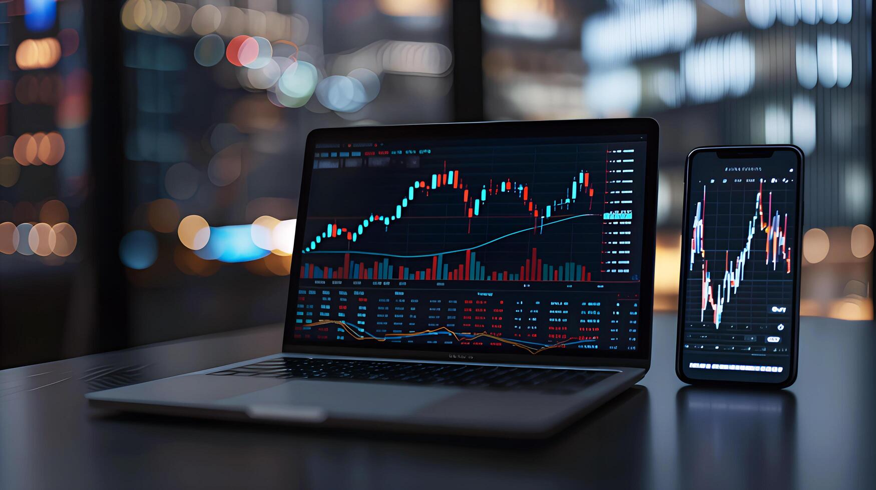 Modern stock exchange statistic chart diagram scene show in laptop and smartphone screen, forex trading market analysis monitor display background photo