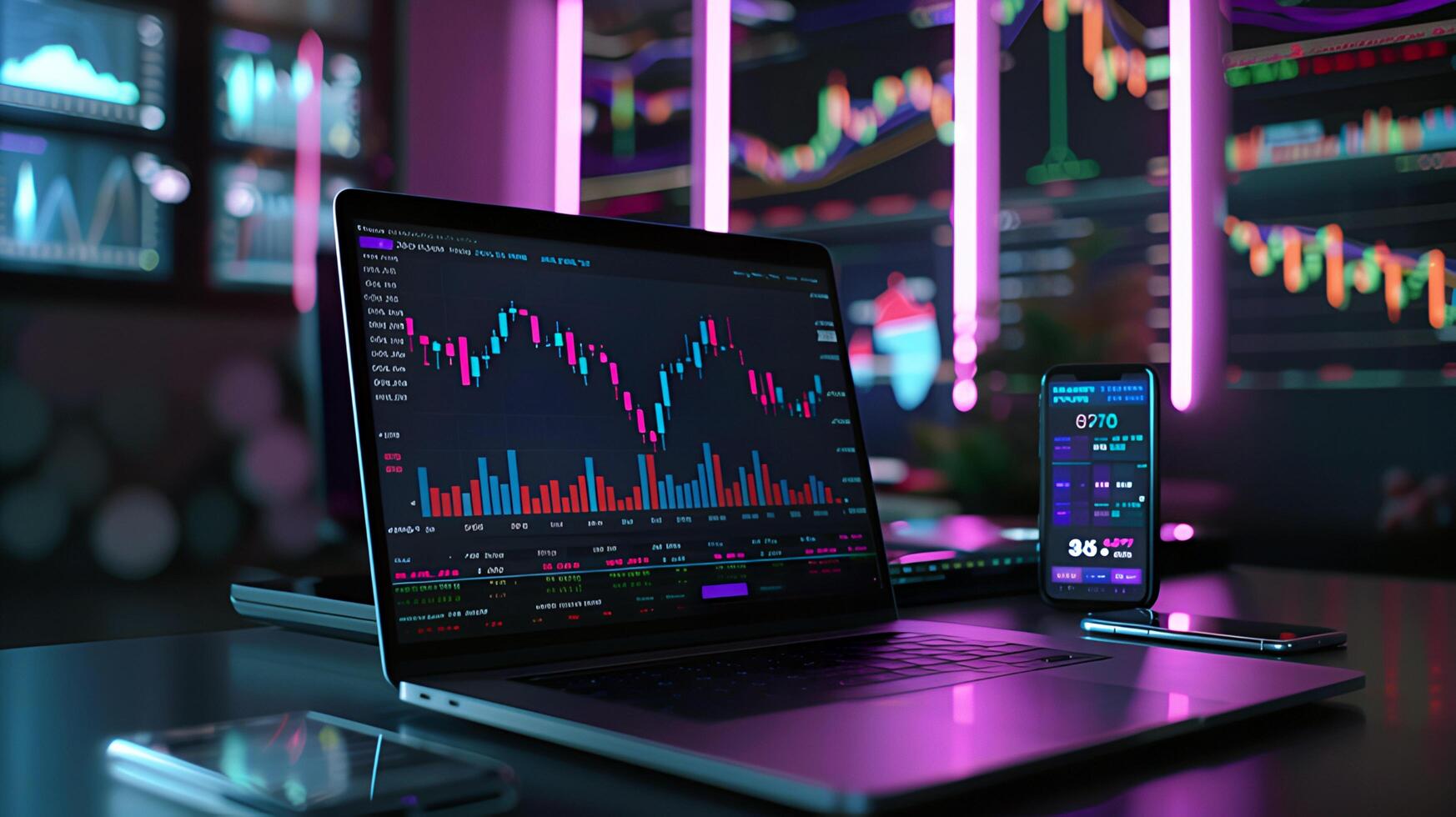 Modern stock exchange statistic chart diagram scene show in laptop and smartphone screen, forex trading market analysis monitor display background photo