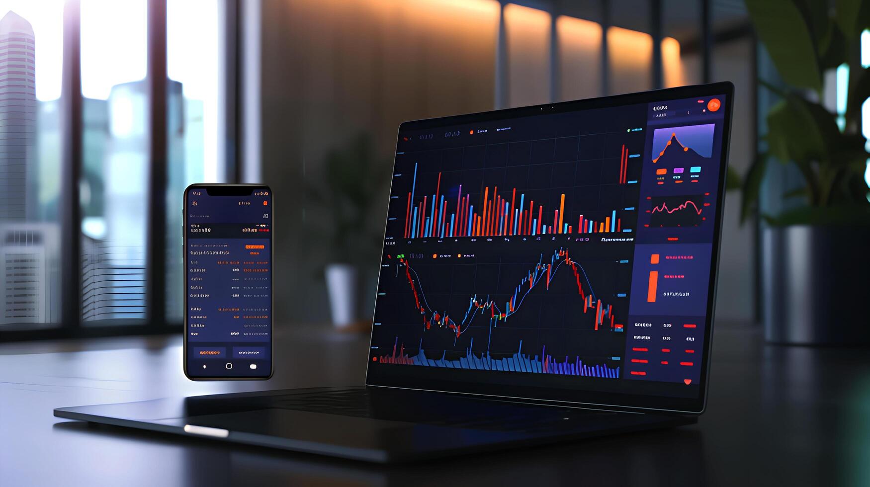 Modern stock exchange statistic chart diagram scene show in laptop and smartphone screen, forex trading market analysis monitor display background photo