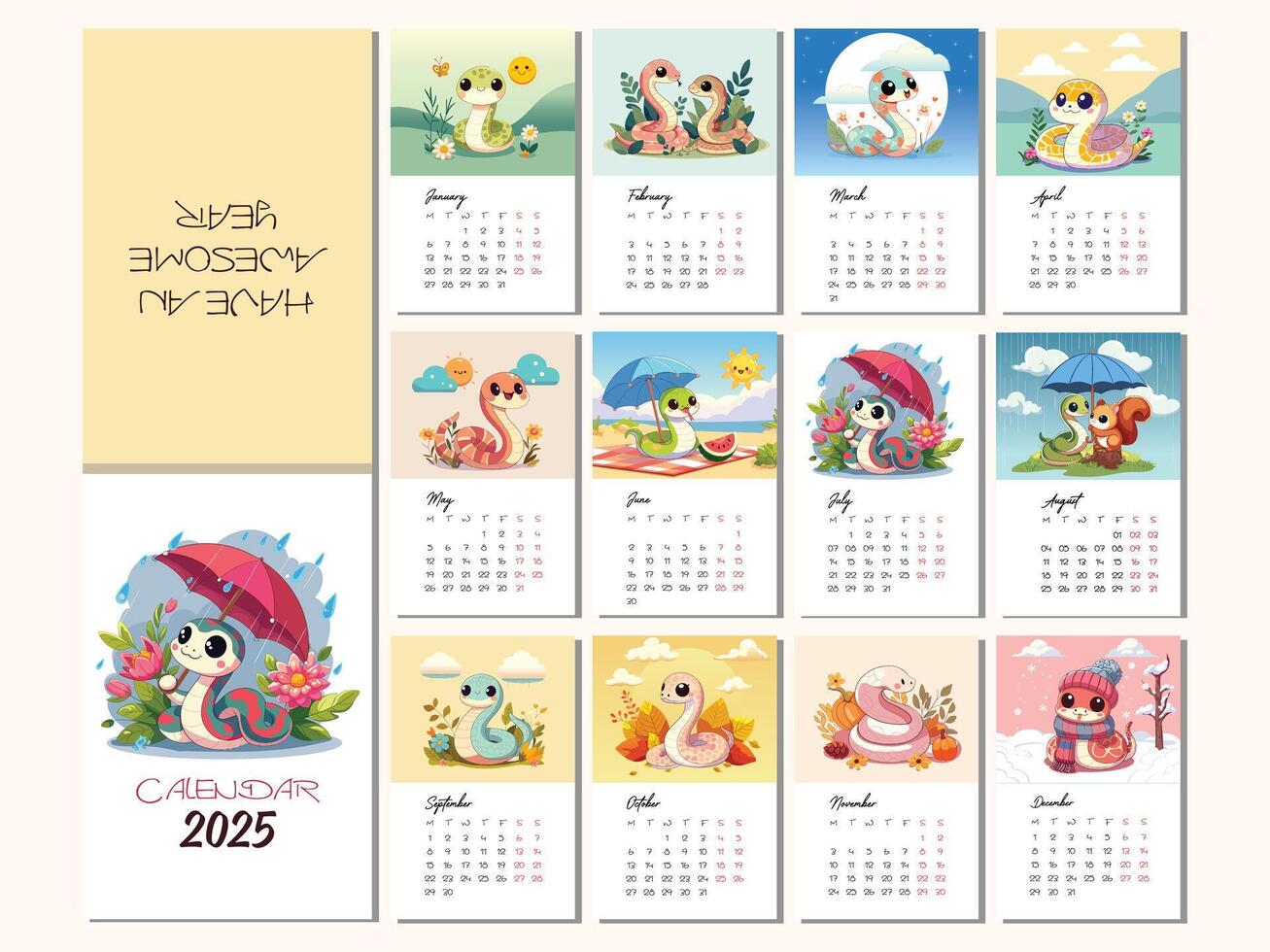 Happy Chinese New Year 2025. 2025 calendar with snake motif. Snake zodiac with lantern, clouds