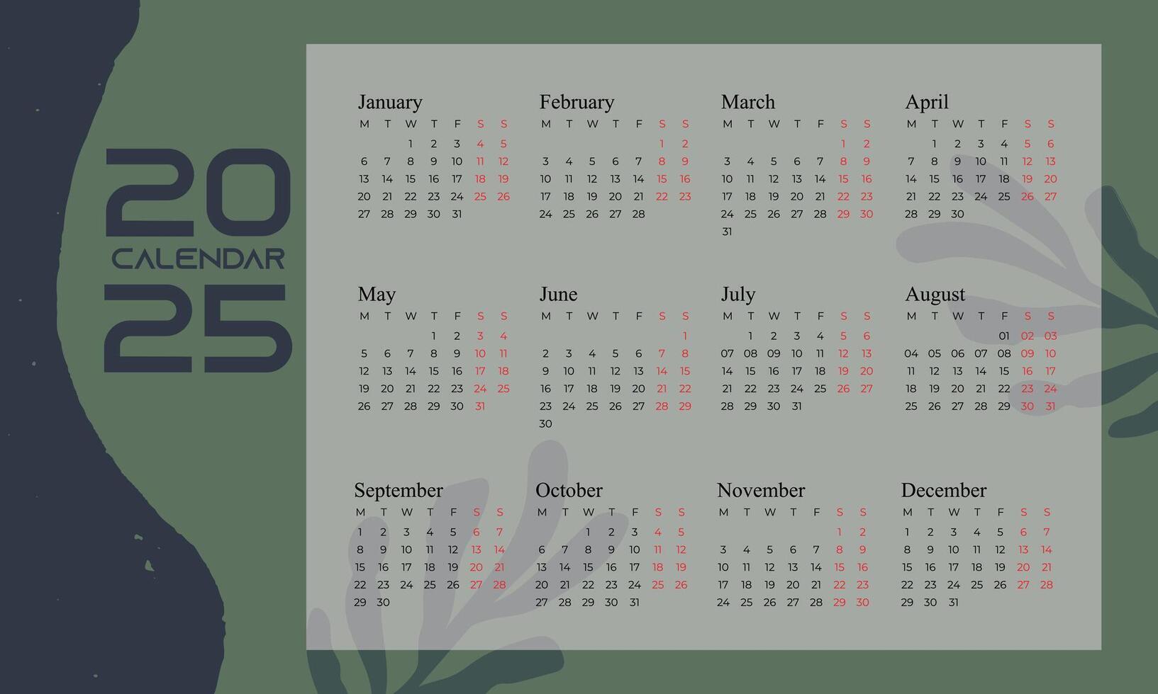 2025 calendar, modern and elegant. Mock up week starts on Sunday vector