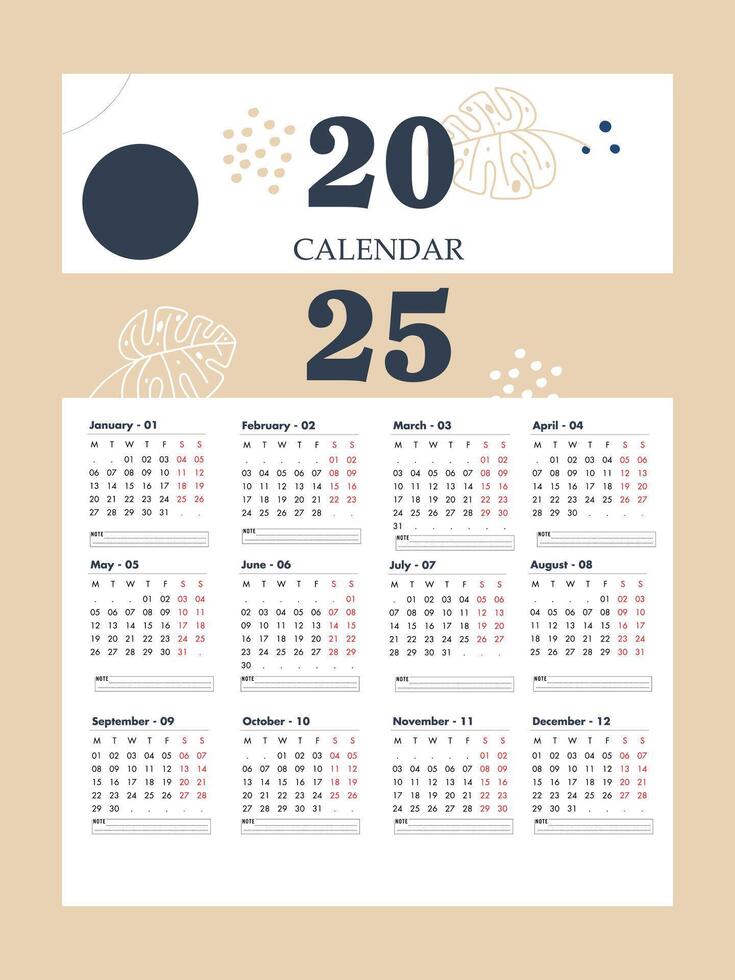 2025 calendar with brown leaf motif. Monthly calendar. minimalist elegance. vector