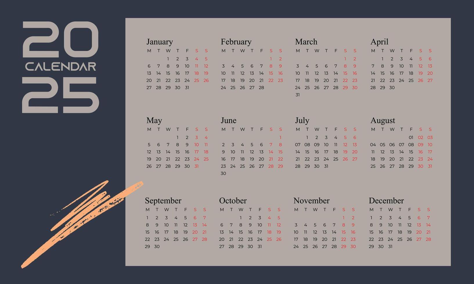 2025 calendar, simple and elegant. Mock up week starts on Sunday vector