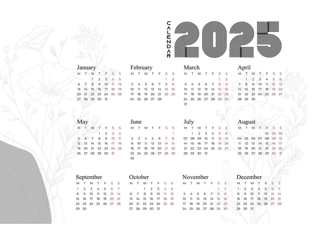 Annual calendar template for 2025. Elegant and simple white calendar. Week Starts on Sunday. Minimalist style business calendar for 2025. vector