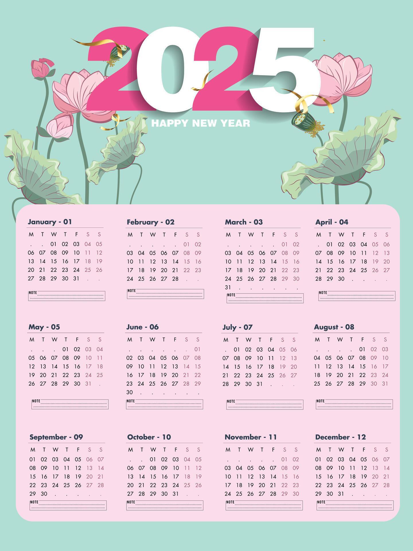 2025 Office Calendar White Pink Green. 2025 Calendar Template Design