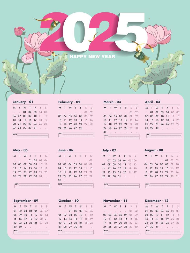 2025 Office Calendar White Pink Green. 2025 Calendar Template Design. Vertical A4 Calendar in natural and floral style for wall and table. 2025 Calendar layout. vector