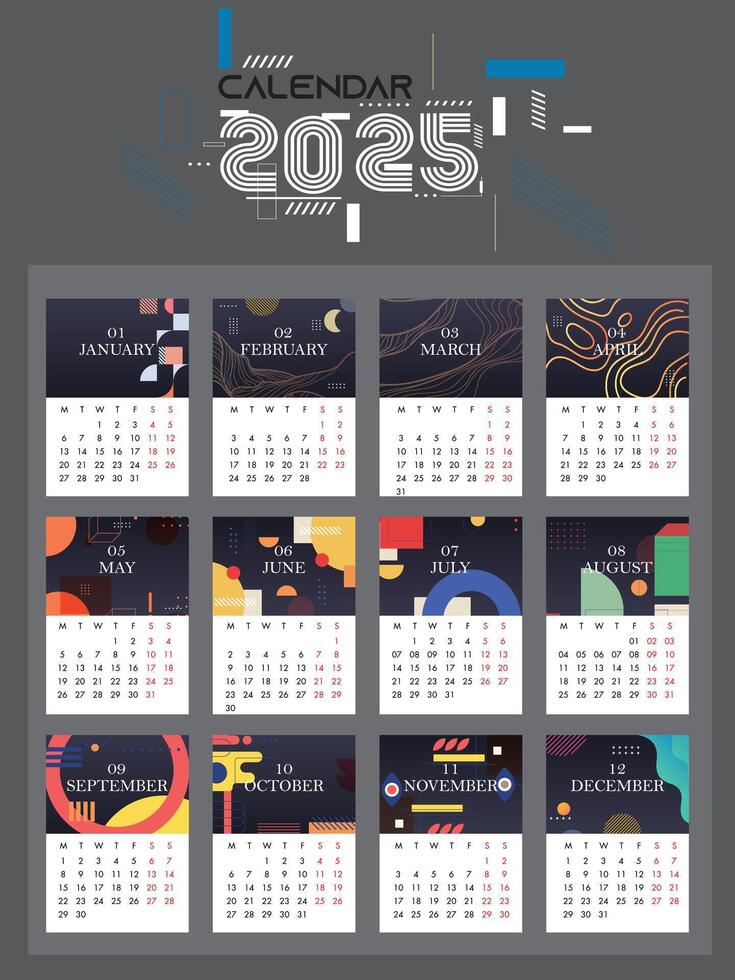 2025 Calendar Black. 2025 Calendar Template Design. Vertical Calendar with simple abstract style. 2025 Calendar layout. vector