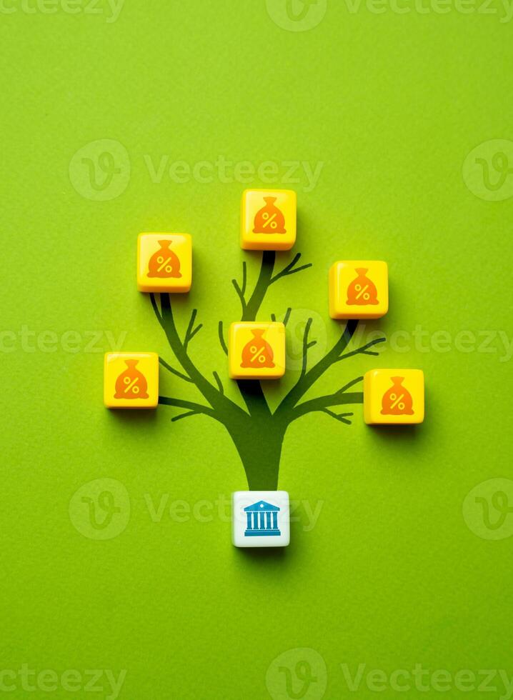 The bank generates profit from deposits and savings. Concept of a tree on which money grows. Achieving a high return on investment signifies successful financial endeavors. Rising interest rates photo